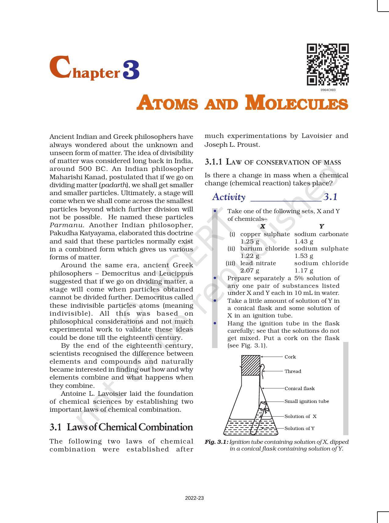 NCERT Book for Class 9 Science Chapter 3 Atoms And Molecules - Page 1