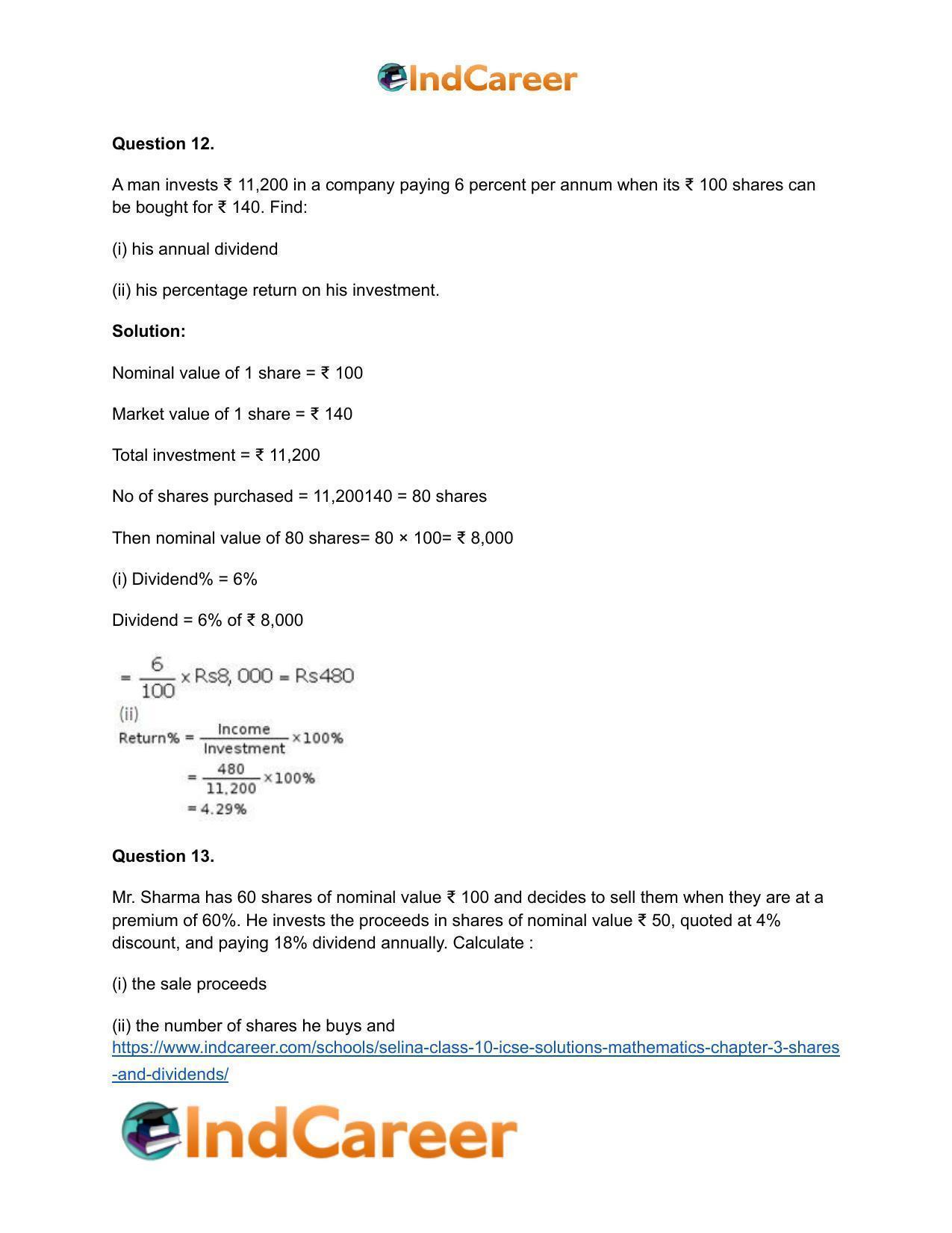 Selina Class 10 Icse Solutions Mathematics Chapter 3 Shares And Dividends Indcareer Docs 4979