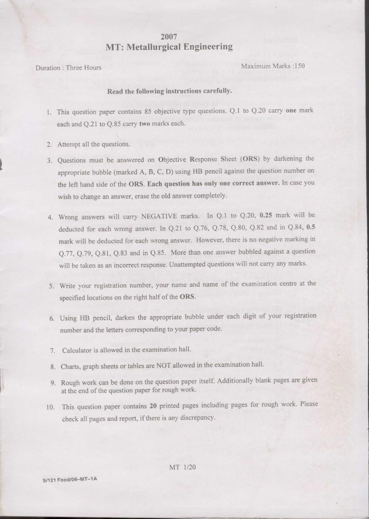 GATE 2007 Metallurgical Engineering (MT) Question Paper With Answer Key ...