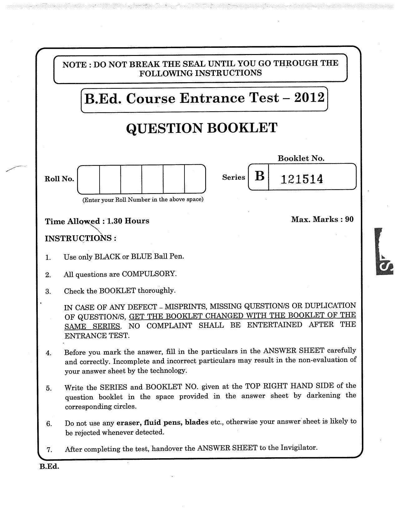 JKBOPEE B.Ed 2012 Question Paper - IndCareer Docs