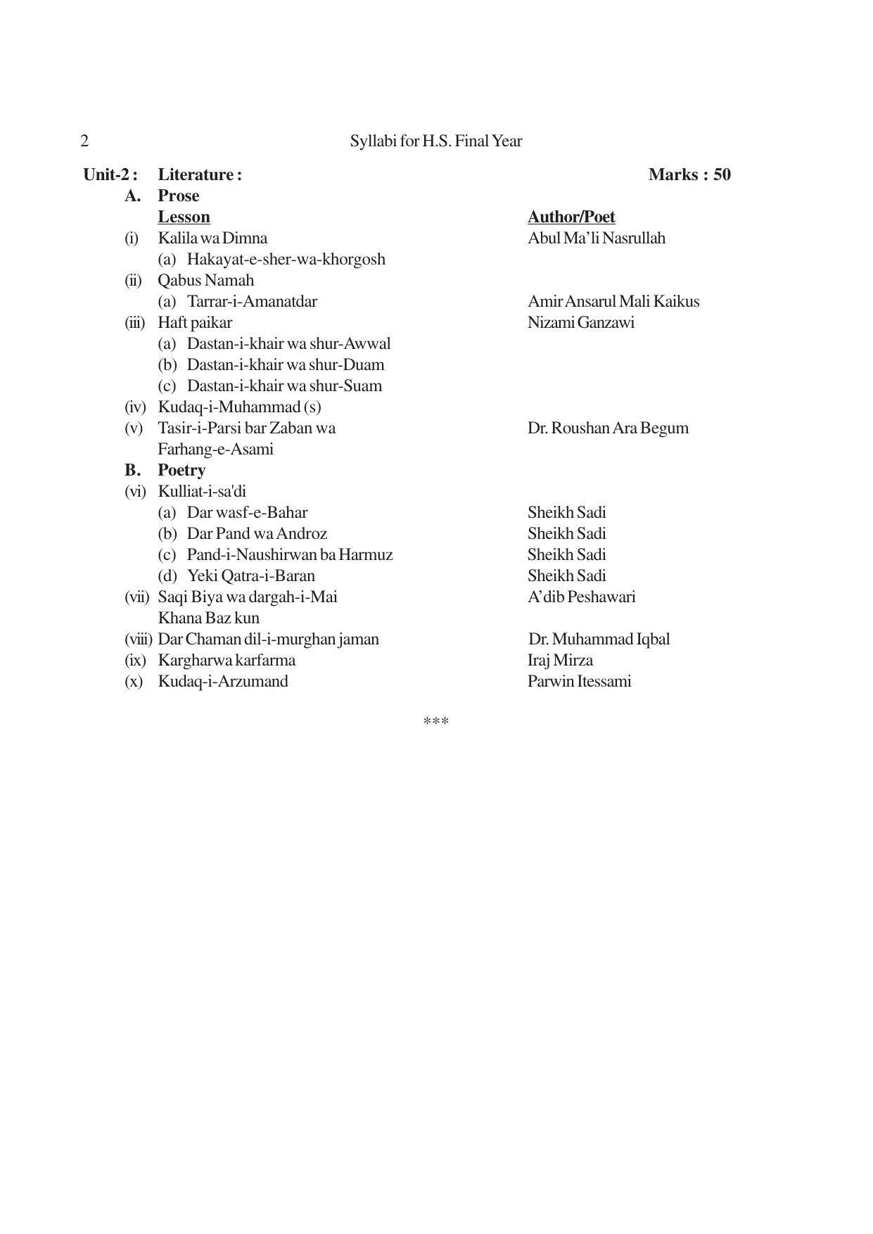 AHSEC 2nd Year Persian Syllabus - Page 2