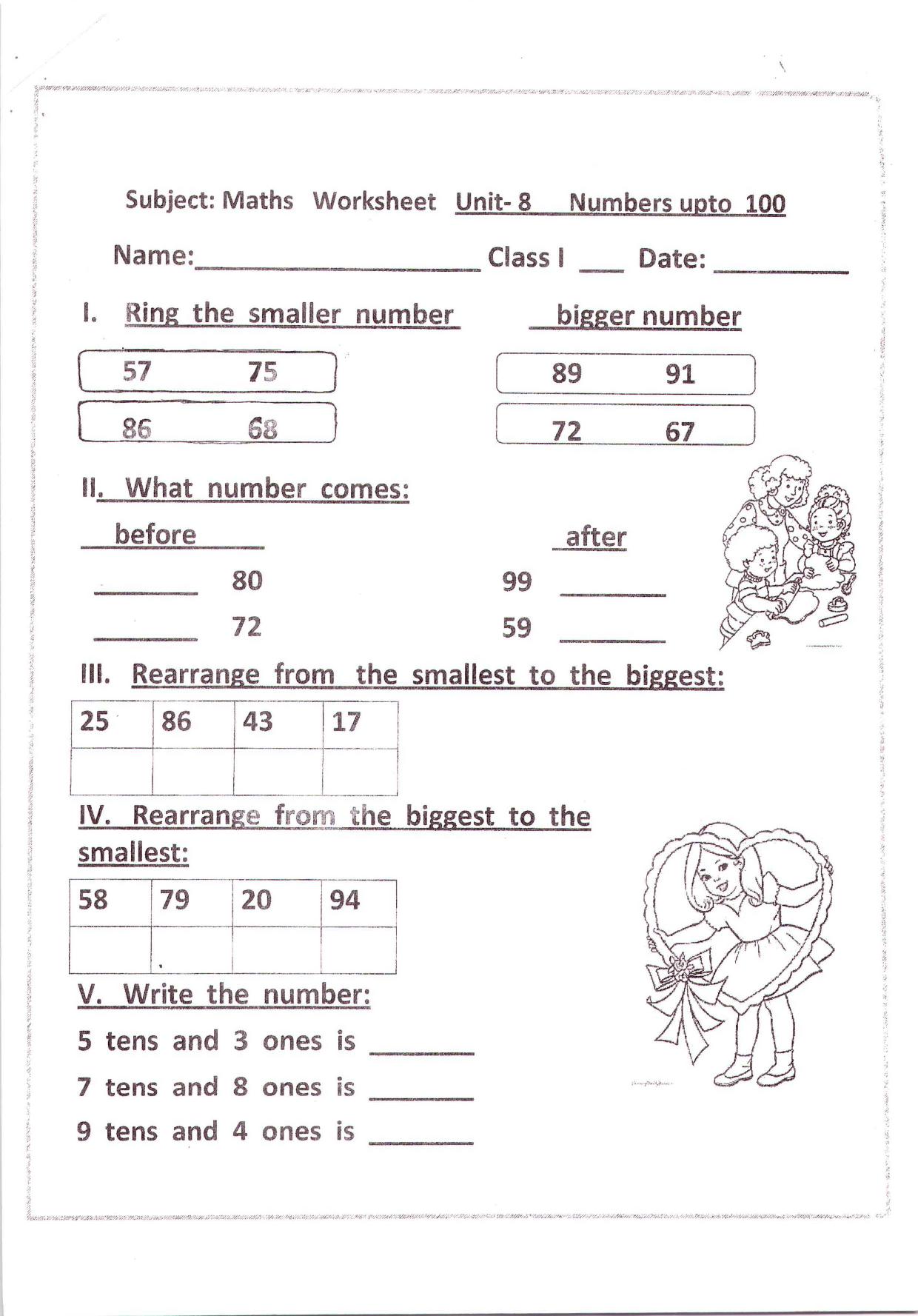 Worksheet for Class 1 Maths Assignment - Numbers upto 100 - Page 1