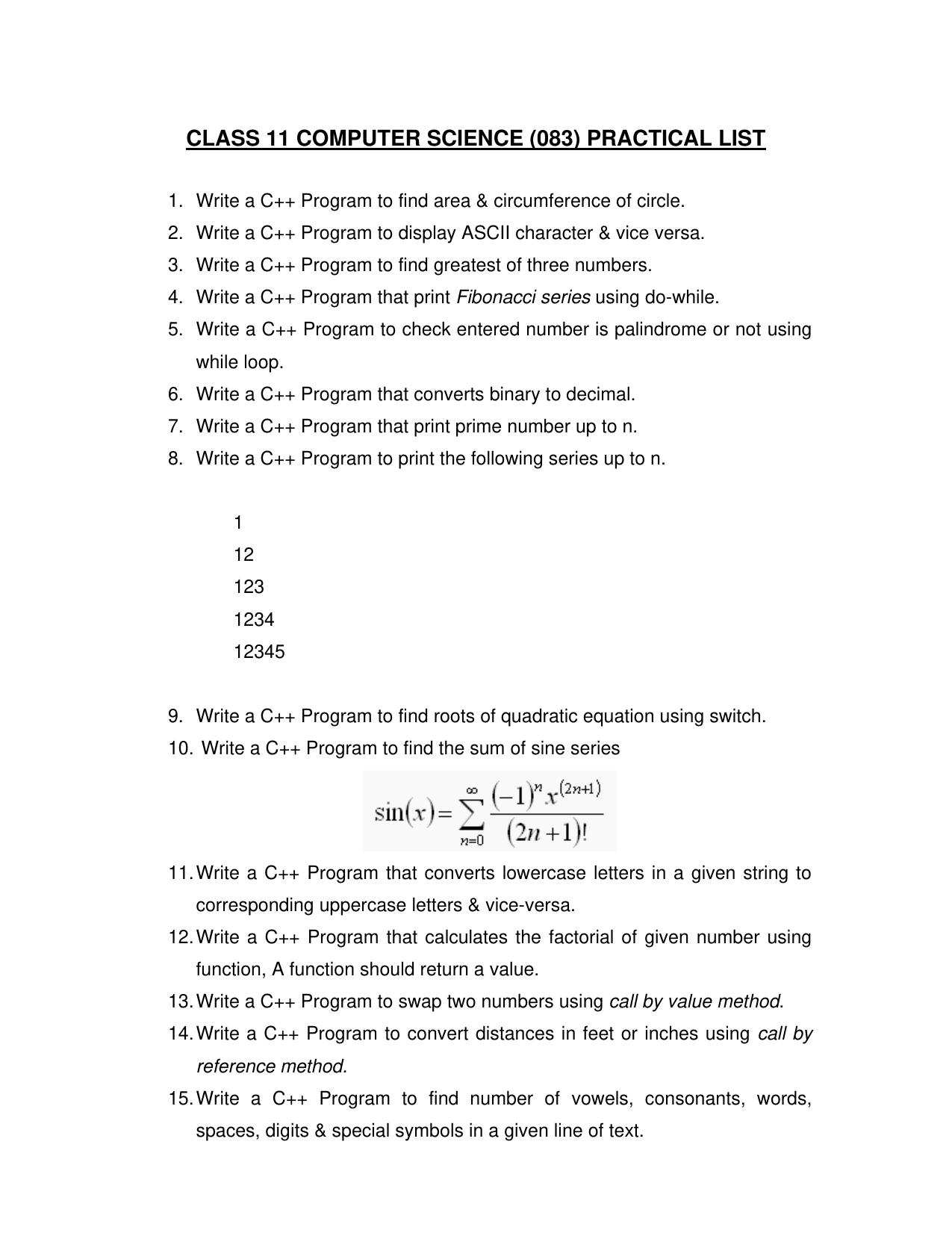 CBSE Worksheets for Class 11 Information Practices C++ Practical List Assignment - Page 1