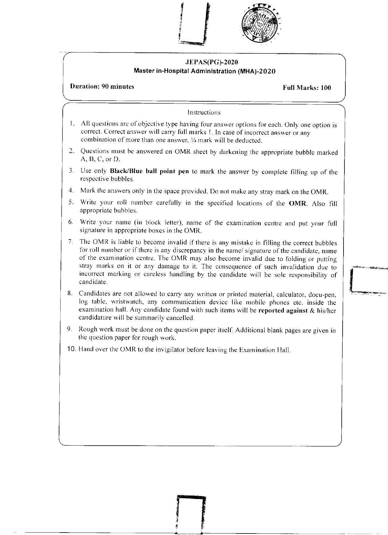 WBJEEB JEMAS (PG) 2020 MHA Question Paper - Page 1