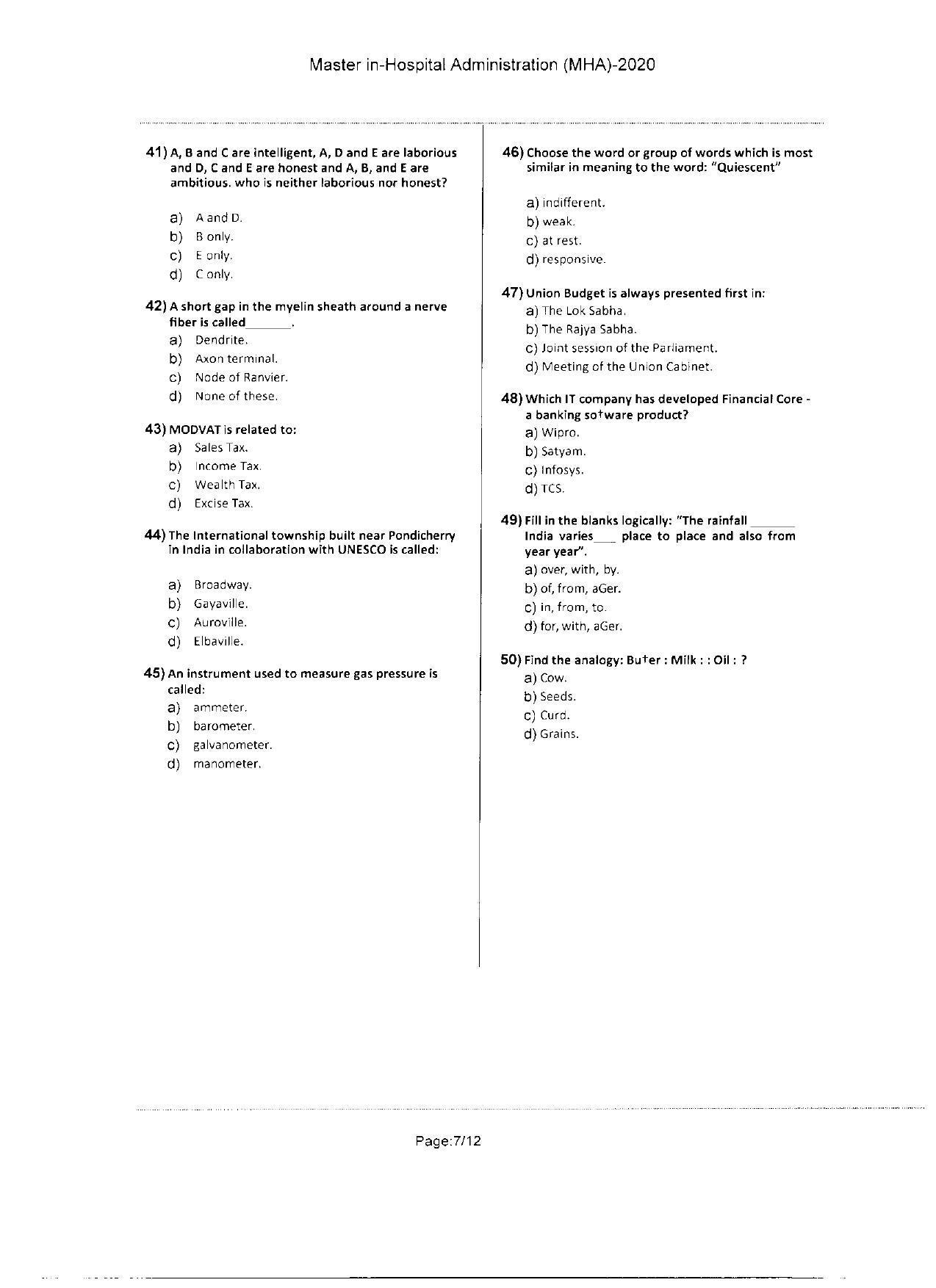 WBJEEB JEMAS (PG) 2020 MHA Question Paper - Page 7