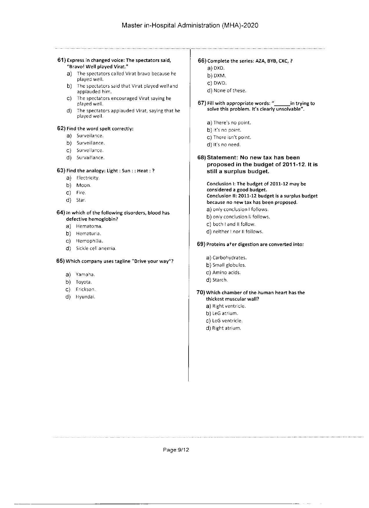 WBJEEB JEMAS (PG) 2020 MHA Question Paper - Page 9