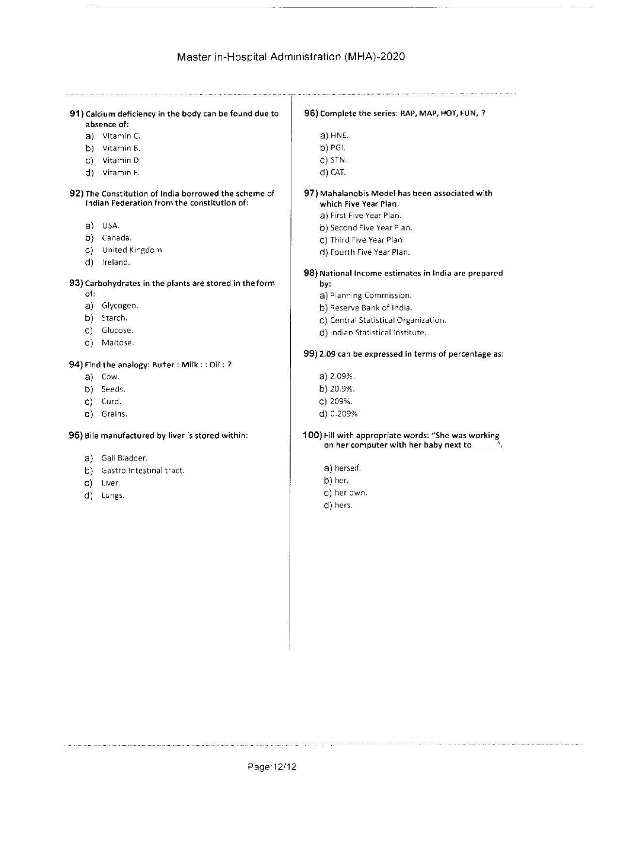 WBJEEB JEMAS (PG) 2020 MHA Question Paper - Page 12