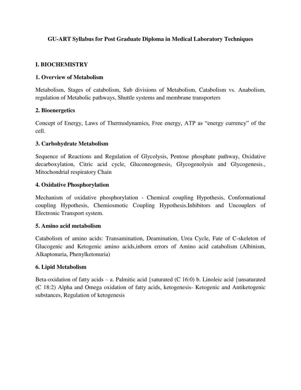 GU ART Post Graduate Diploma in Clinical Genetics and Medical Laboratory Techniques (PGDCG & MLT) Syllabus - Page 1