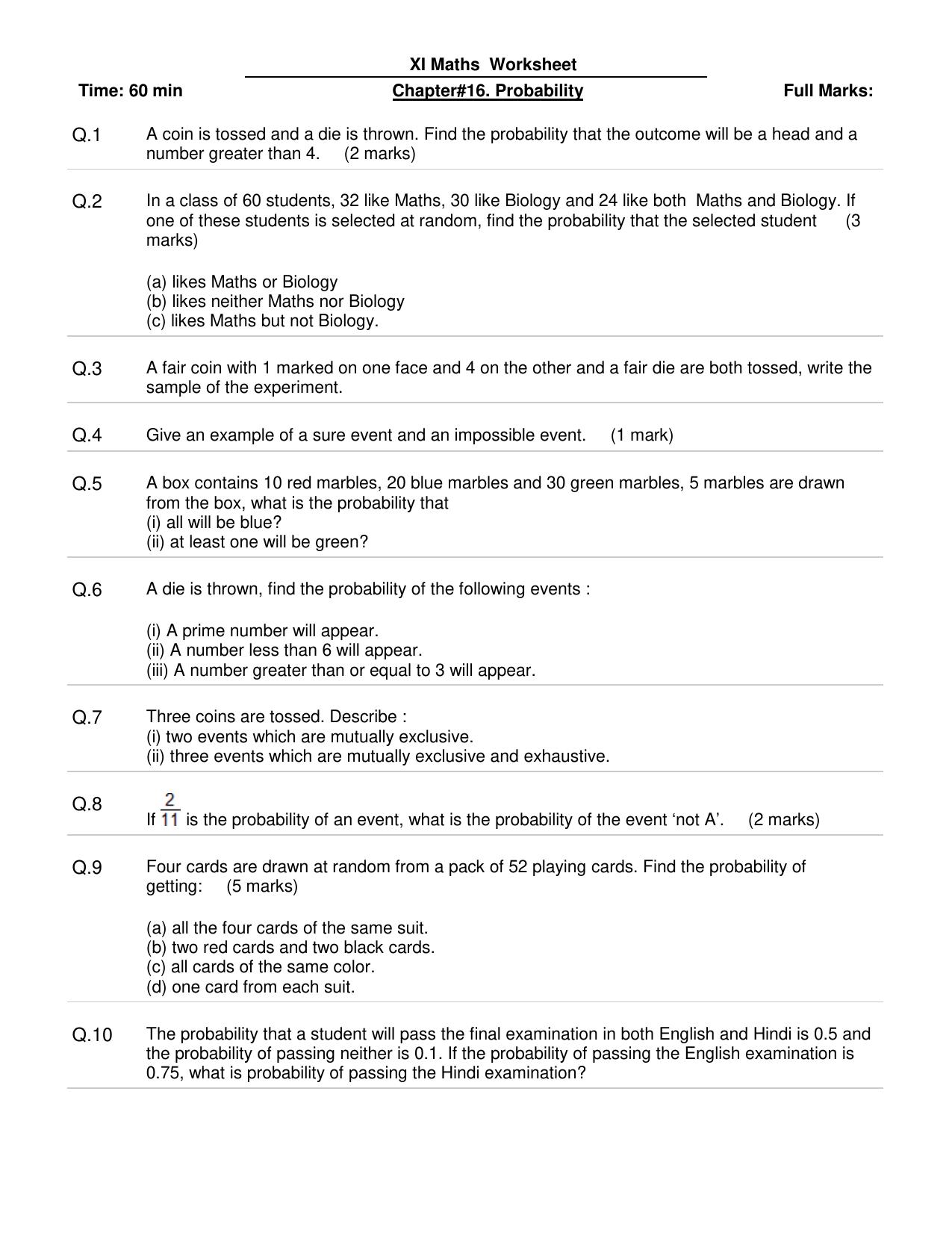 CBSE Worksheets for Class 11 Mathematics Probability Assignment 1 - Page 1