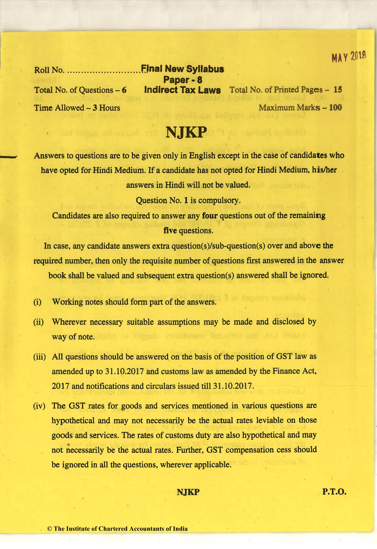 CA Final May 2018 Question Paper - Paper 8 – Indirect Tax Laws - Page 1