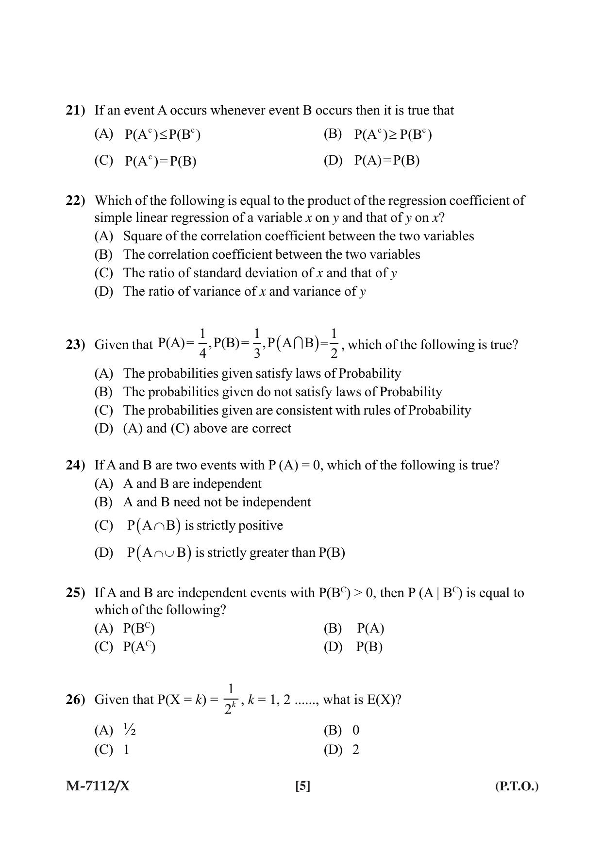 Mysore University PG Entrance Exam 2019: Statistics Question Paper - Page 5