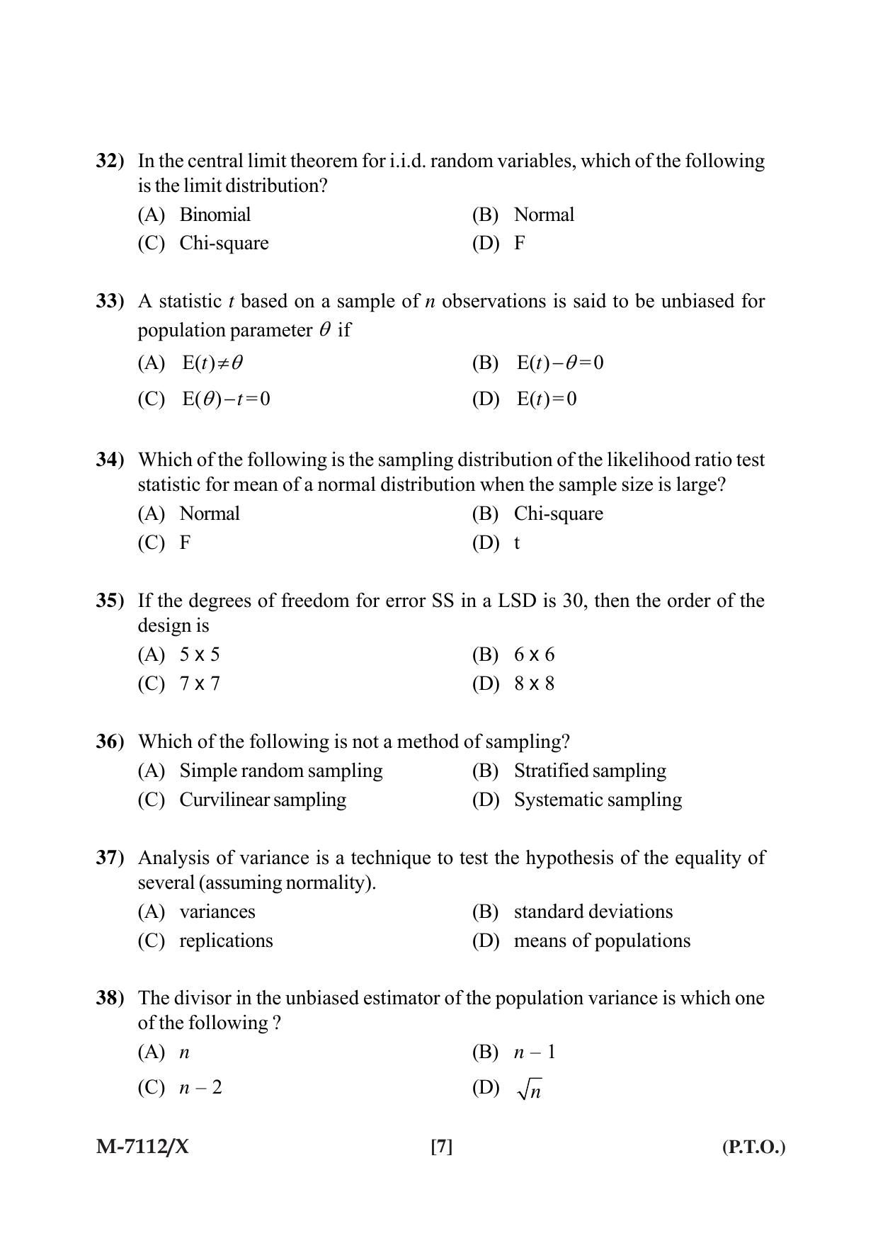 Mysore University PG Entrance Exam 2019: Statistics Question Paper - Page 7