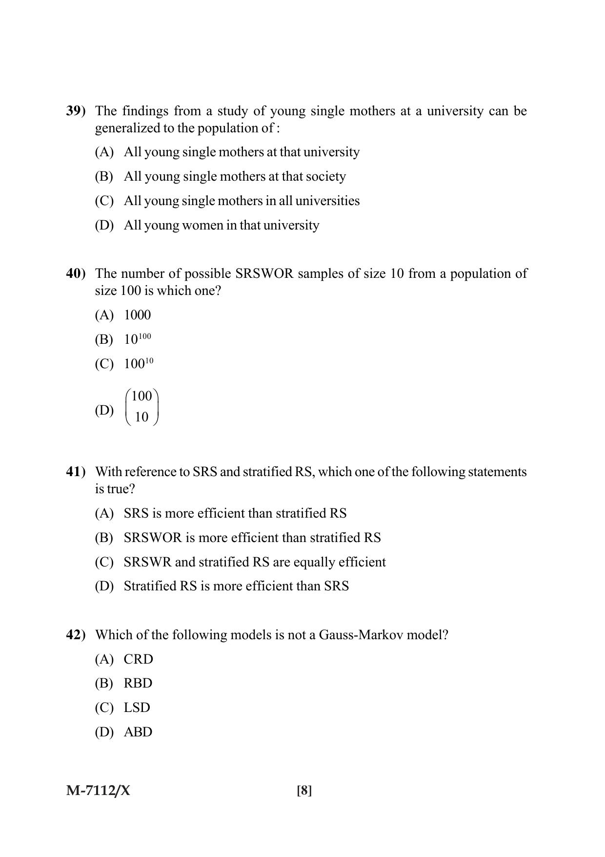 Mysore University PG Entrance Exam 2019: Statistics Question Paper - Page 8