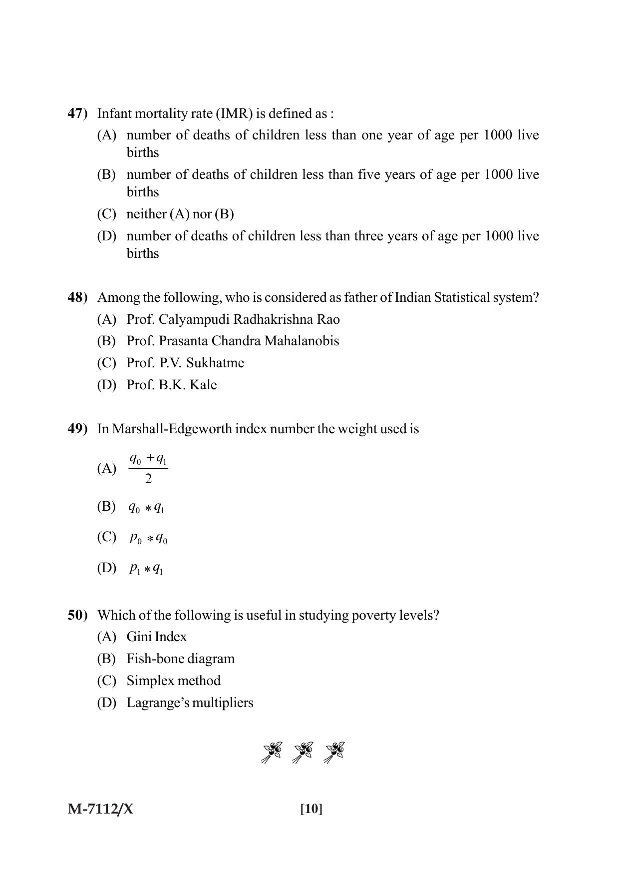 Mysore University PG Entrance Exam 2019: Statistics Question Paper - Page 10