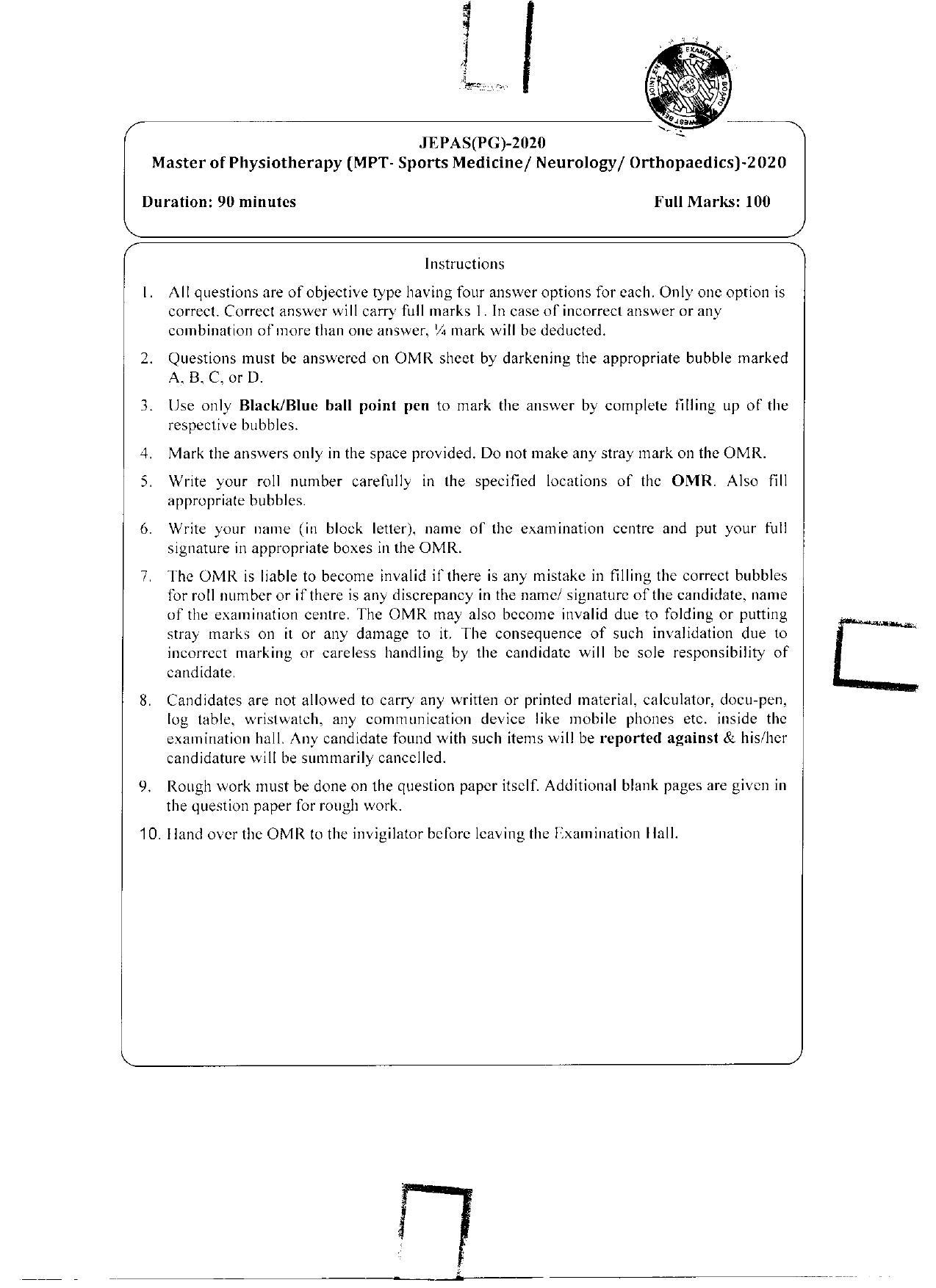 WBJEEB JEMAS (PG) 2020 MPT Question Paper - Page 1