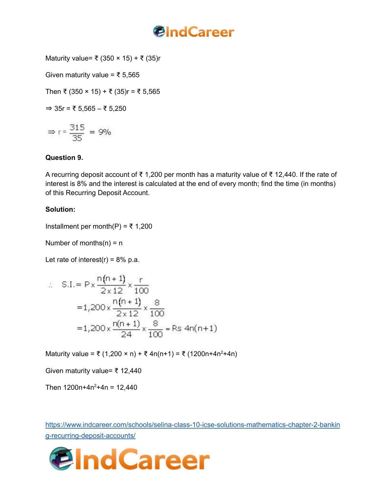 Selina Class 10 Icse Solutions Mathematics Chapter 2 Banking Recurring Deposit Accounts 1382