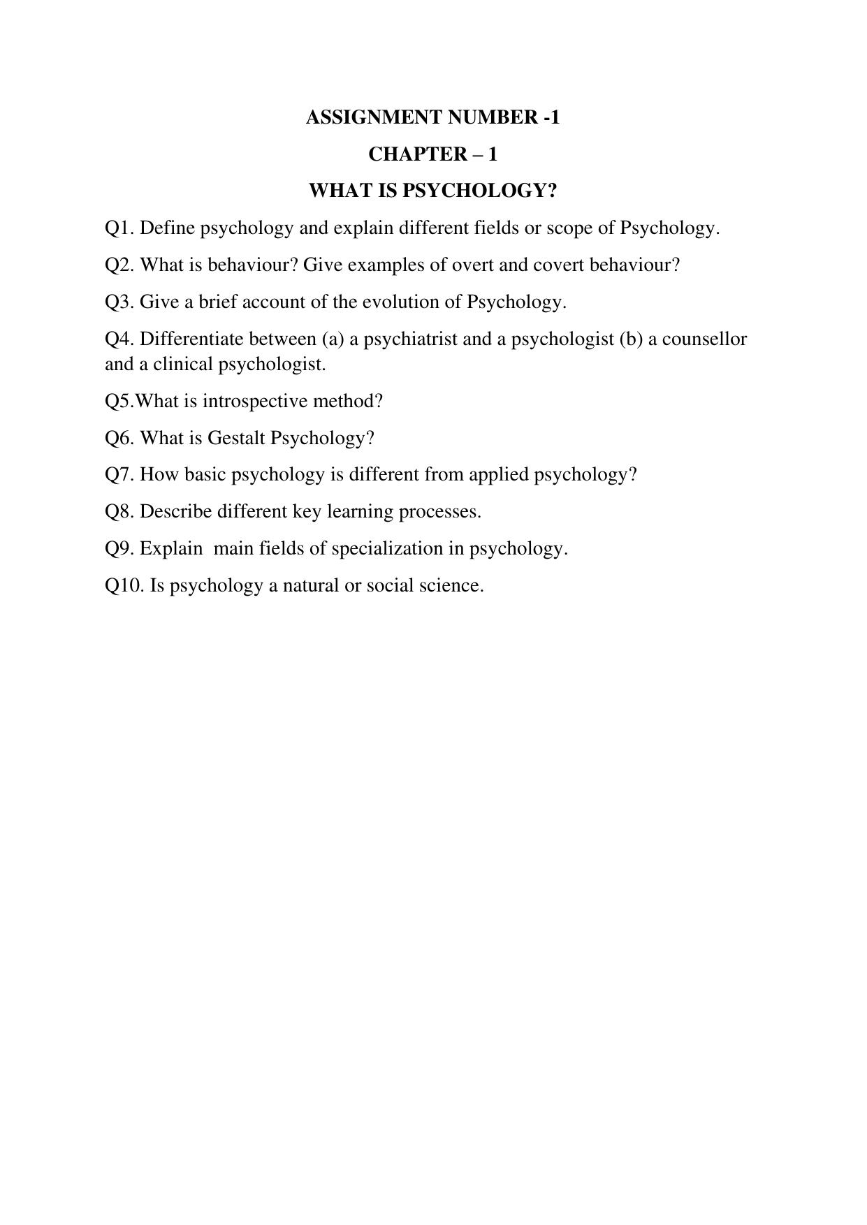 CBSE Worksheets for Class 11 Psychology What is Psychology Assignment 2 - Page 1