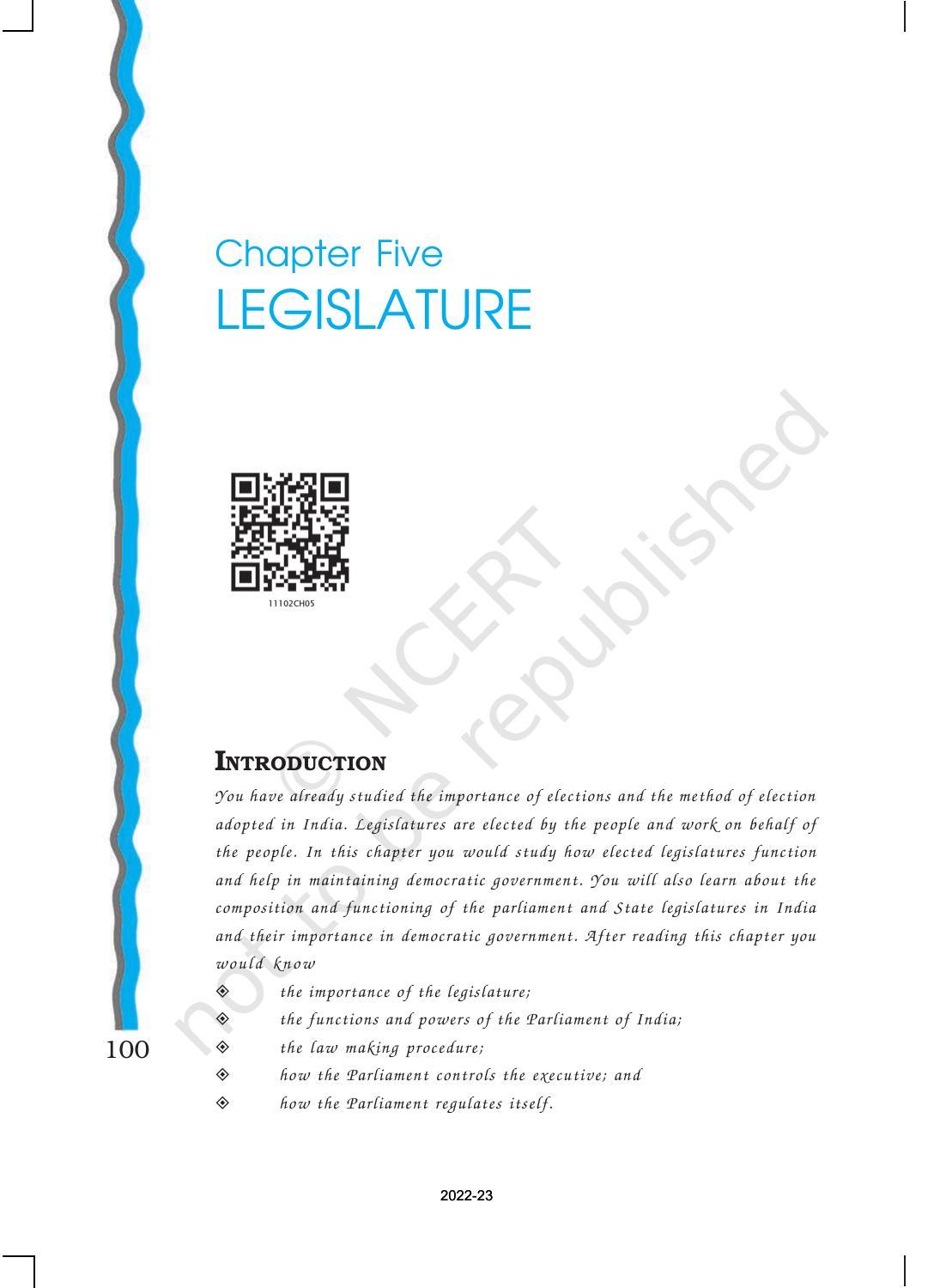 NCERT Book for Class 11 Political Science (Indian Constitution at Work) Chapter 5 Legislature - Page 1