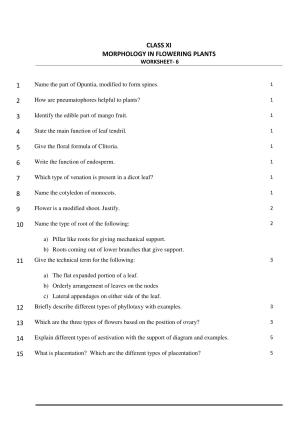 CBSE Worksheets for Class 11 Biology Morphology in Flowering in Plants Assignment