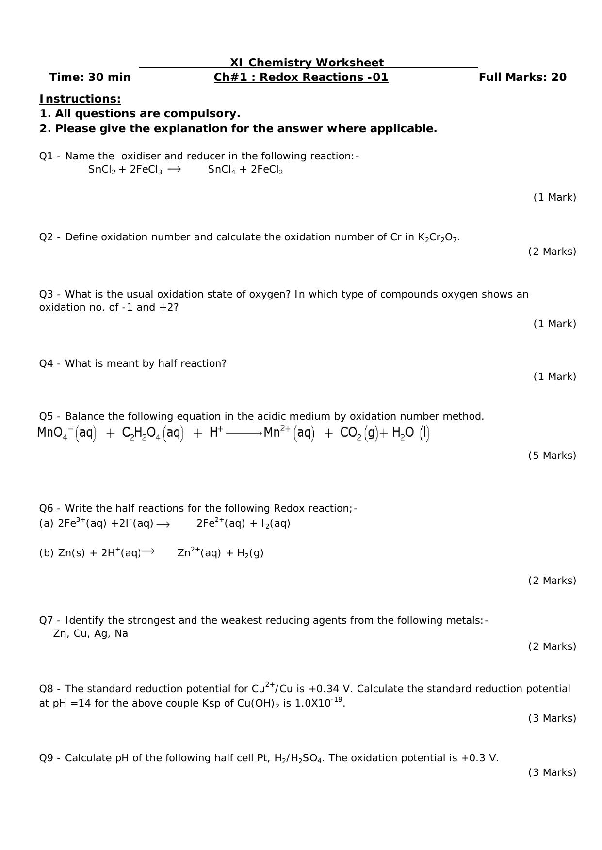 CBSE Worksheets for Class 11 Chemistry Redox Reactions Assignment - Page 1