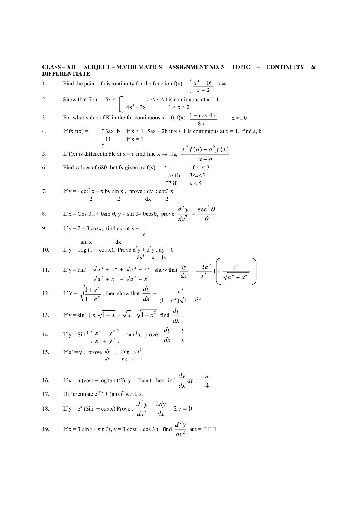 CBSE Class 12 Maths Continuity and Differentiability Assignment 02 - Page 1