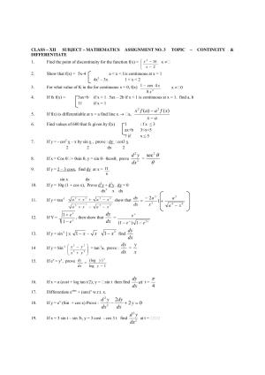 CBSE Class 12 Maths Continuity and Differentiability Assignment 02