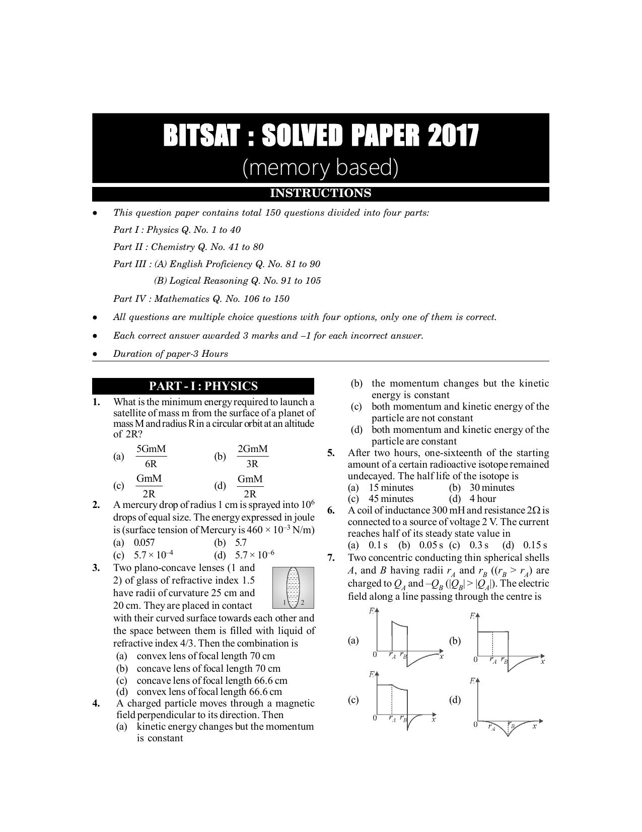 BITSAT 2017 Question Paper - IndCareer Docs