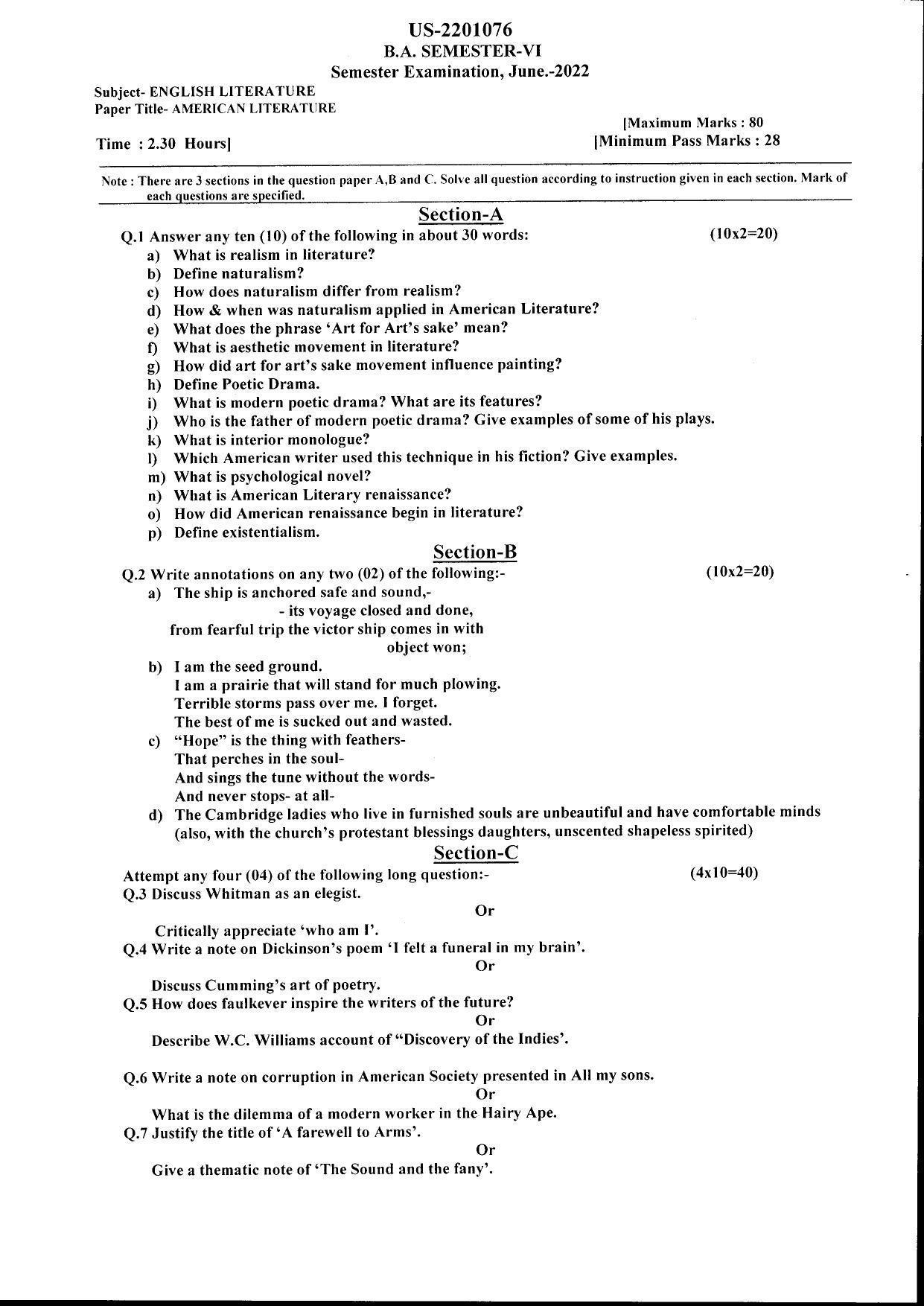 Bilaspur University Question Paper July 2022:B.A. Semester -VI English ...