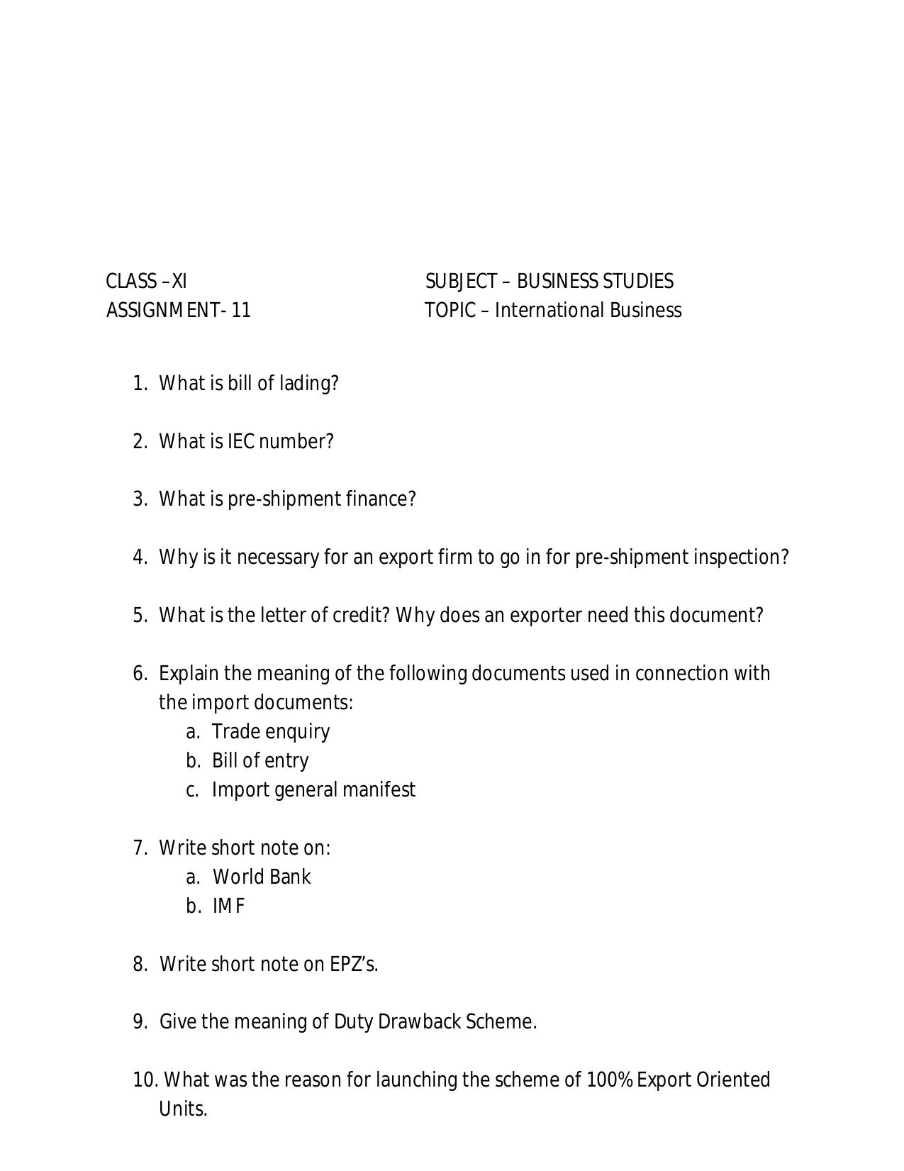 CBSE Worksheets for Class 11 Business Studies Assignment 19 - Page 1