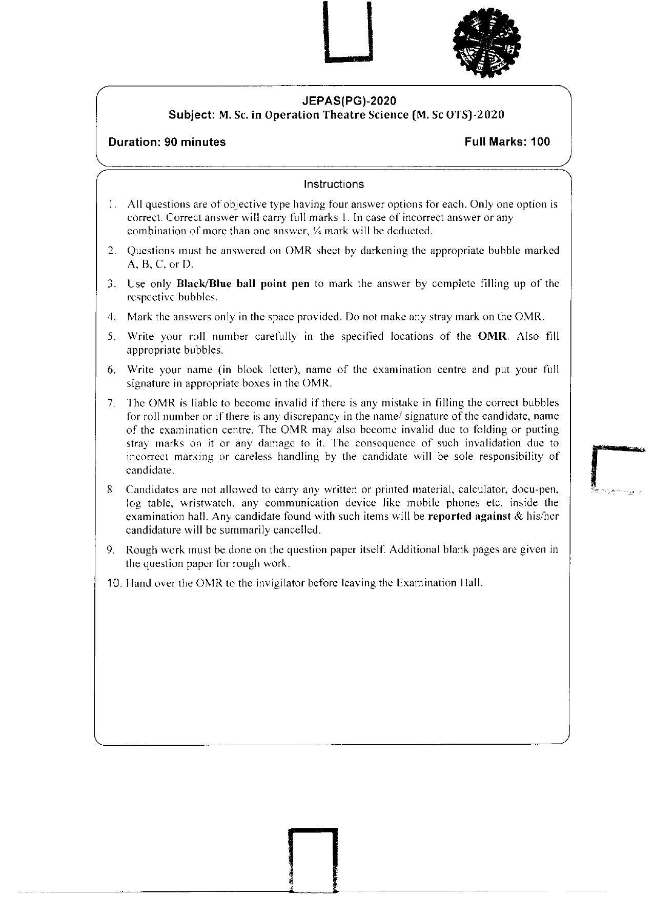 WBJEEB JEMAS (PG) 2020 MSc OTS Question Paper - Page 1