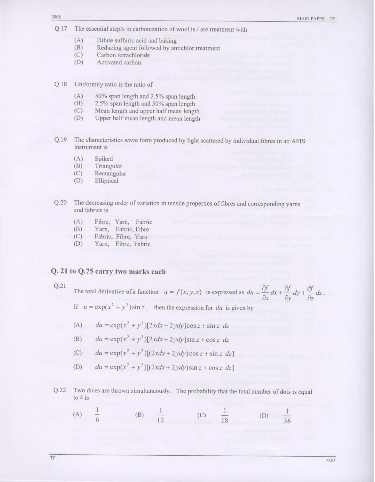 GATE 2008 Textile Engineering and Fibre Science (TF) Question Paper ...