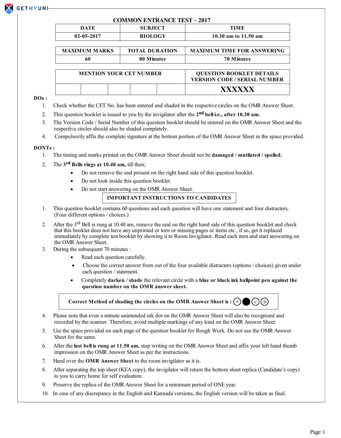 KCET Biology 2017 Question Papers - Page 1