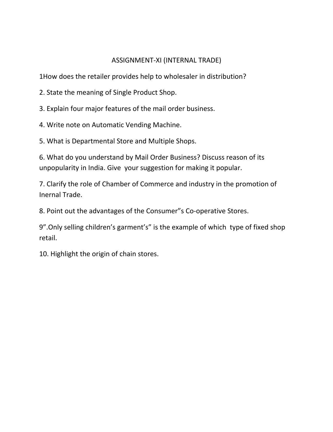 CBSE Worksheets for Class 11 Business Studies Internal Trade Assignment 1 - Page 1