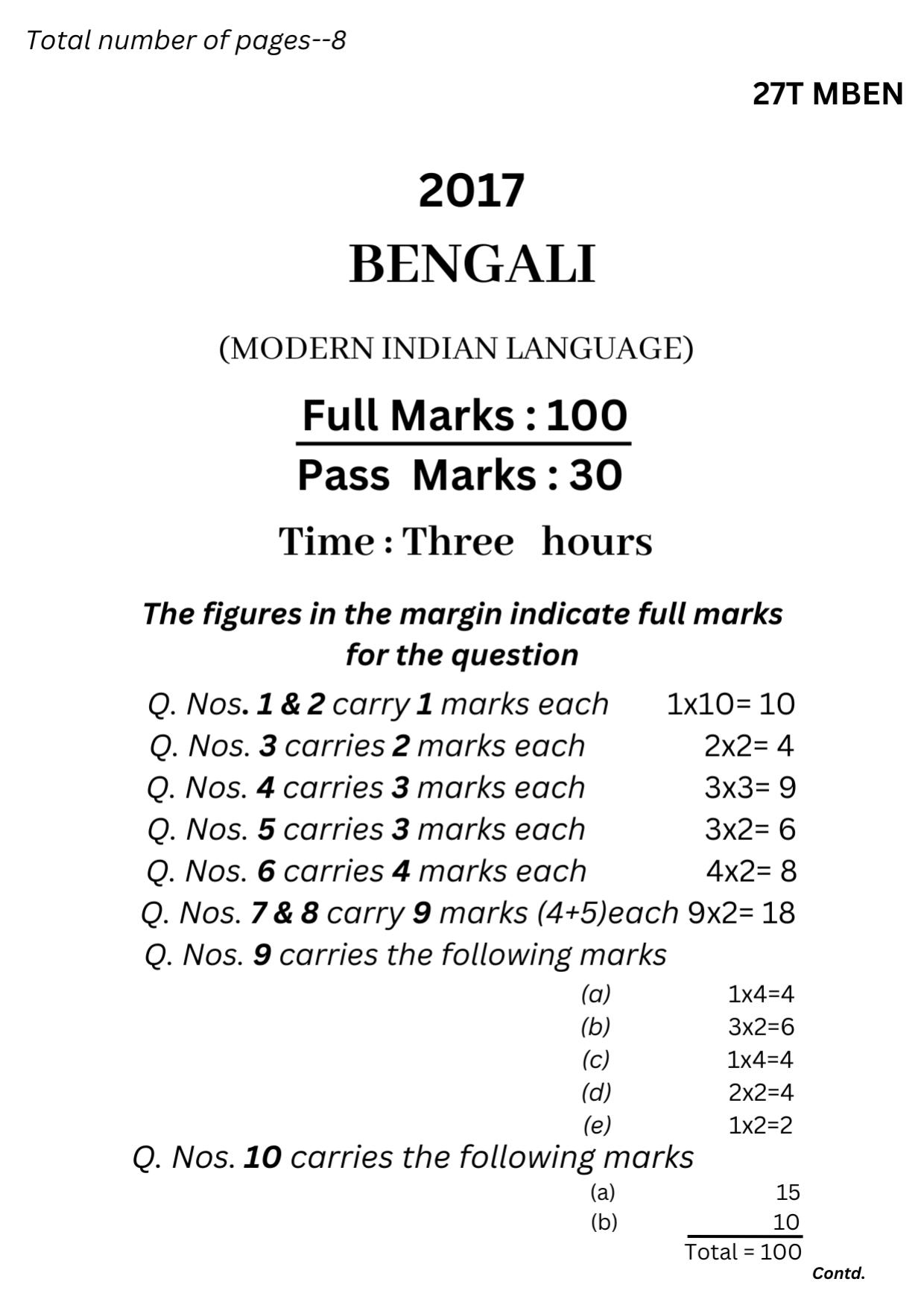 Assam HS 2nd Year Bengali MIL 2017 Question Paper - Page 1