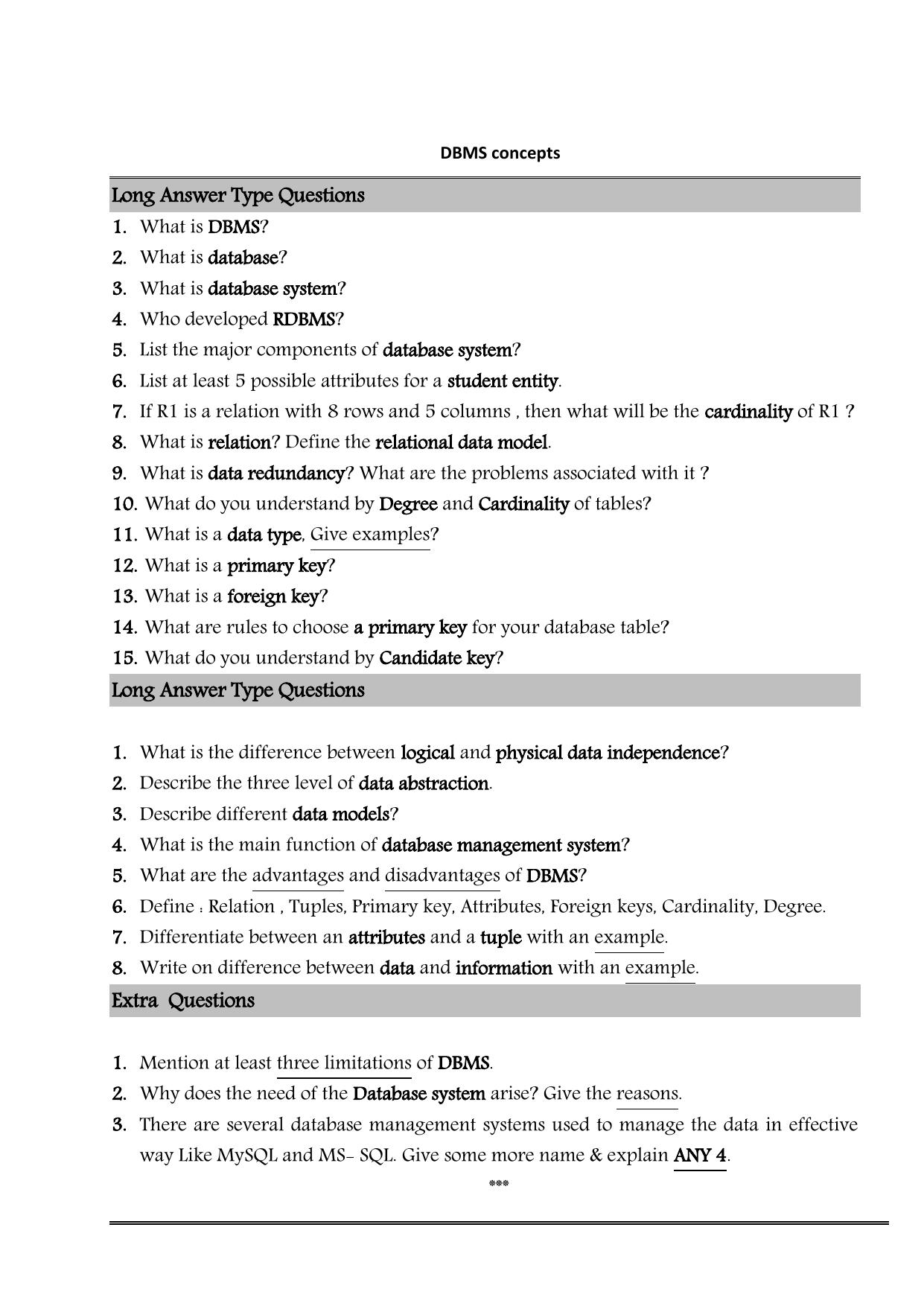 CBSE Worksheets for Class 11 Information Practices DBMS Concepts Assignment - Page 1