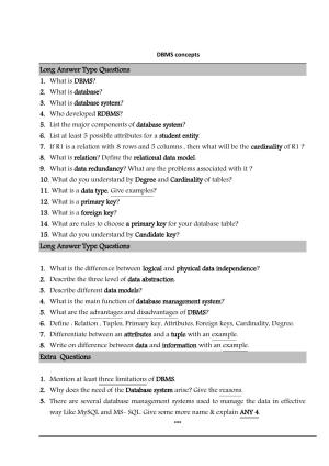 CBSE Worksheets for Class 11 Information Practices DBMS Concepts Assignment