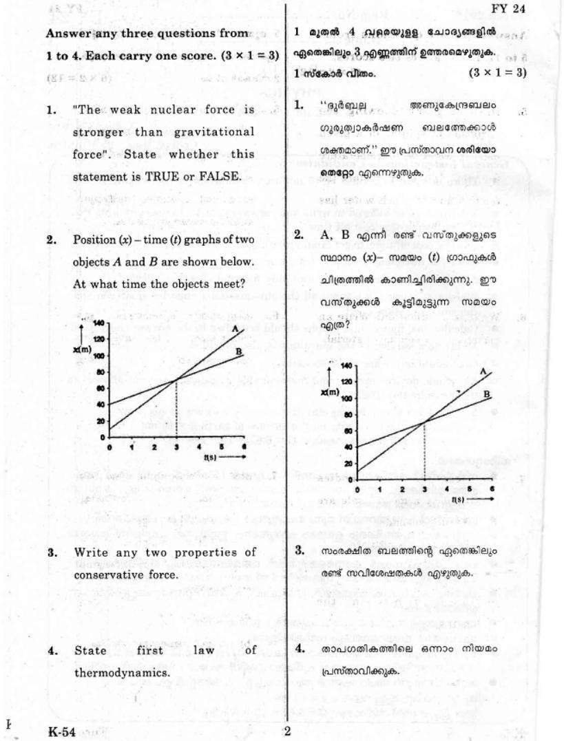 Kerala Plus One 2019 PHYSICS Question Papers - Page 1
