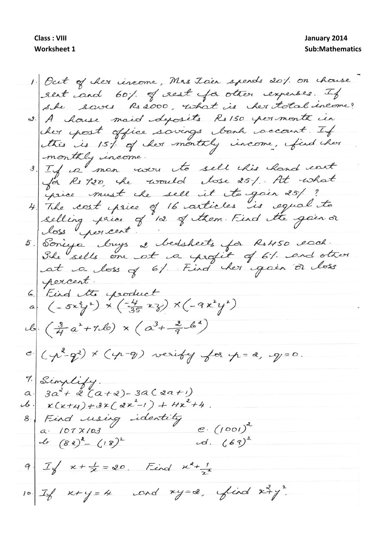 CBSE Worksheets for Class 8 Mathematics Assignment 4 - Page 1