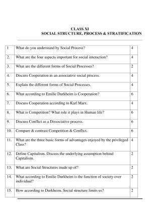 CBSE Worksheets for Class 11 Sociology Social Structure Process and Stratification Assignment