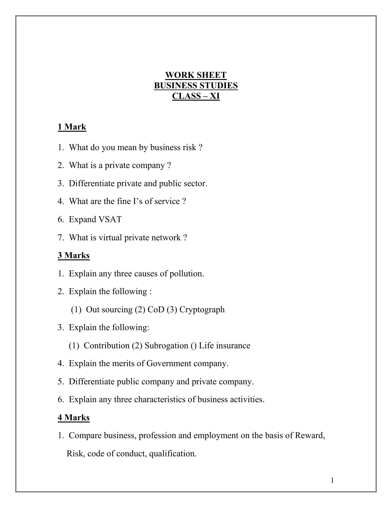 CBSE Worksheets for Class 11 Business Studies Assignment 3 - Page 1