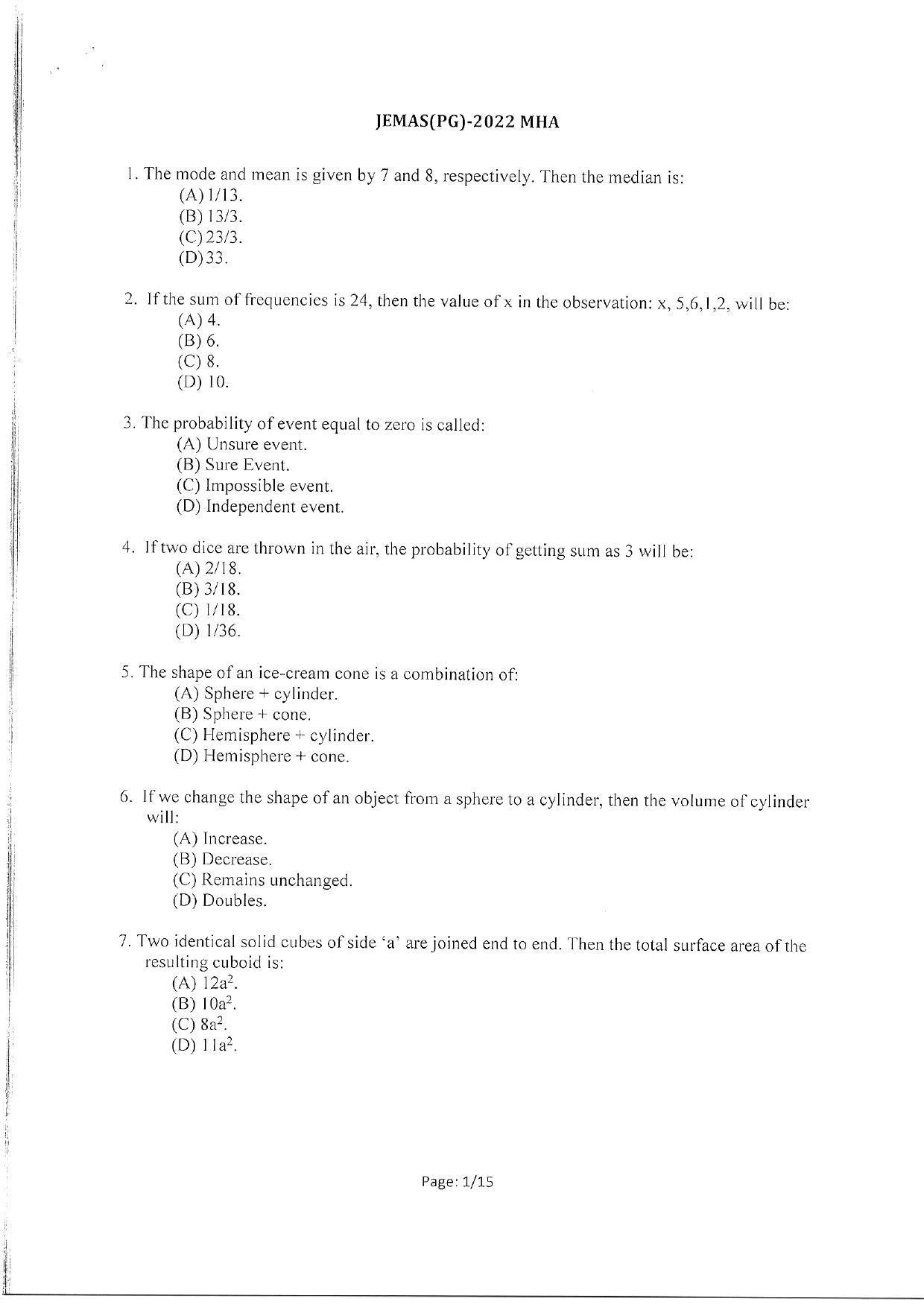 WBJEEB JEMAS (PG) 2022 MHA Question Paper - Page 3