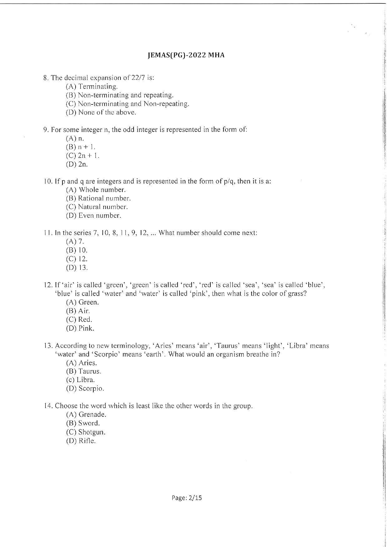 WBJEEB JEMAS (PG) 2022 MHA Question Paper - Page 4