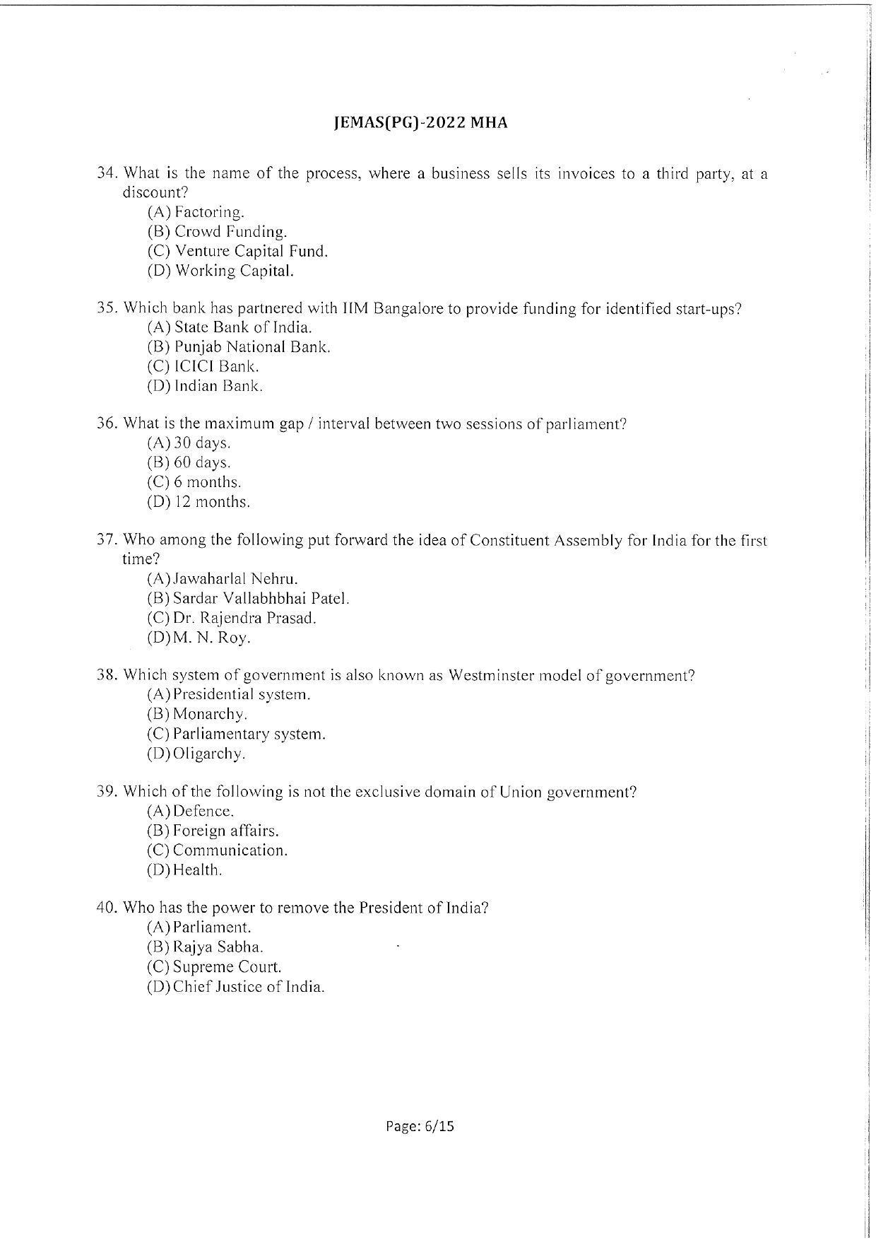 WBJEEB JEMAS (PG) 2022 MHA Question Paper - Page 8