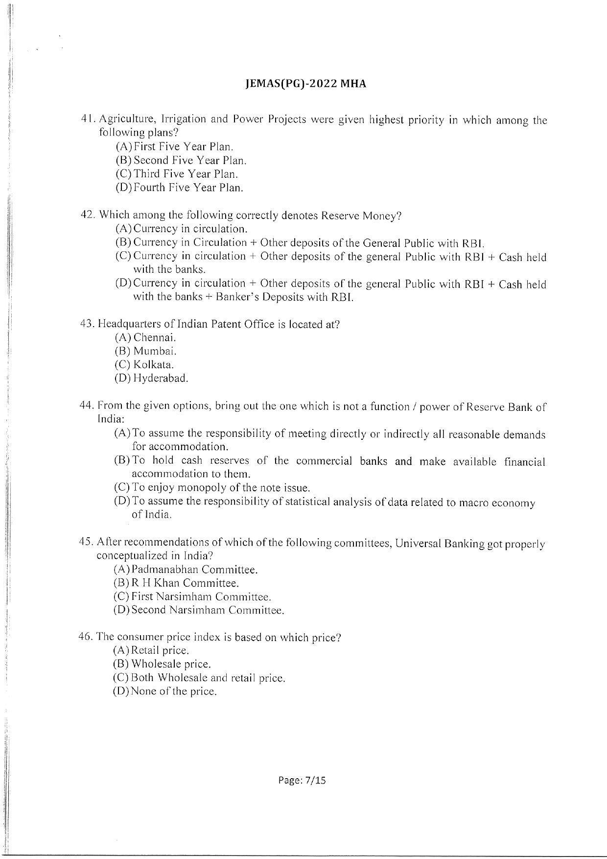 WBJEEB JEMAS (PG) 2022 MHA Question Paper - Page 9