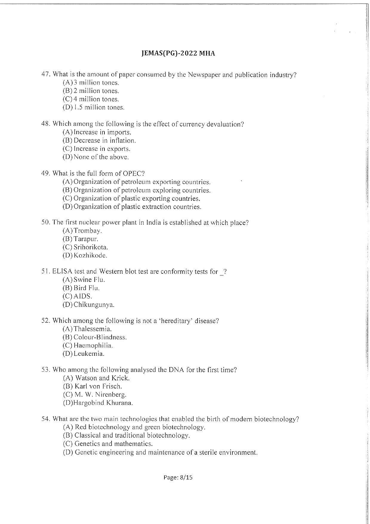 WBJEEB JEMAS (PG) 2022 MHA Question Paper - Page 10