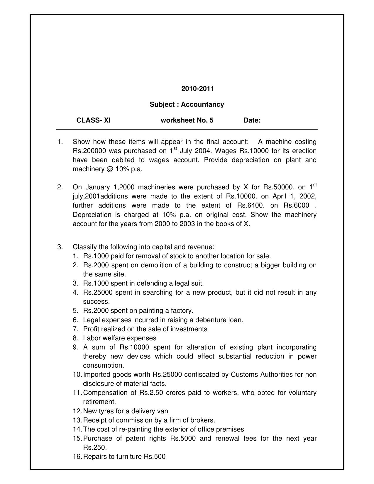 CBSE Worksheets for Class 11 Accountancy Assignment 3 - Page 1