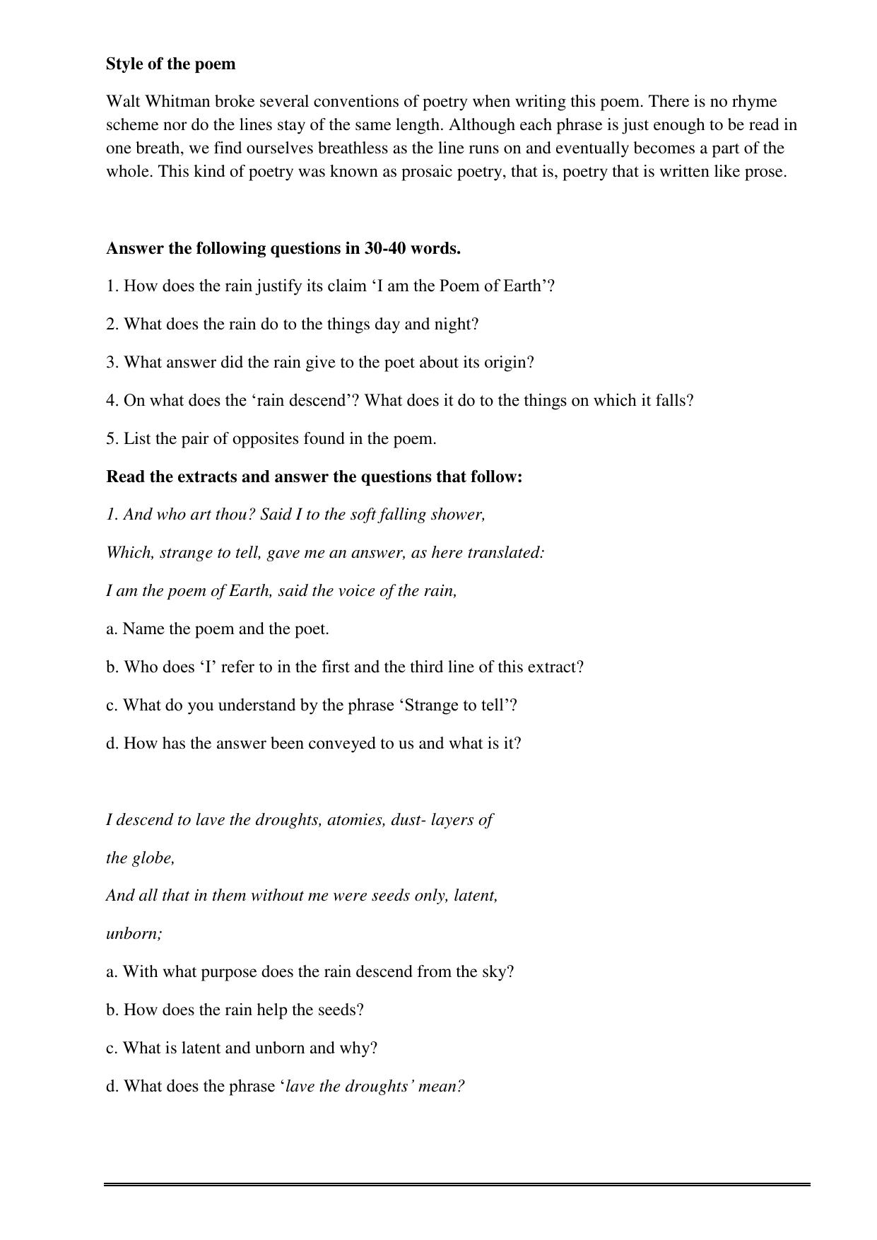 CBSE Worksheets for Class 11 English The Voice Of The Rain-Walt Whitman Assignment - Page 3