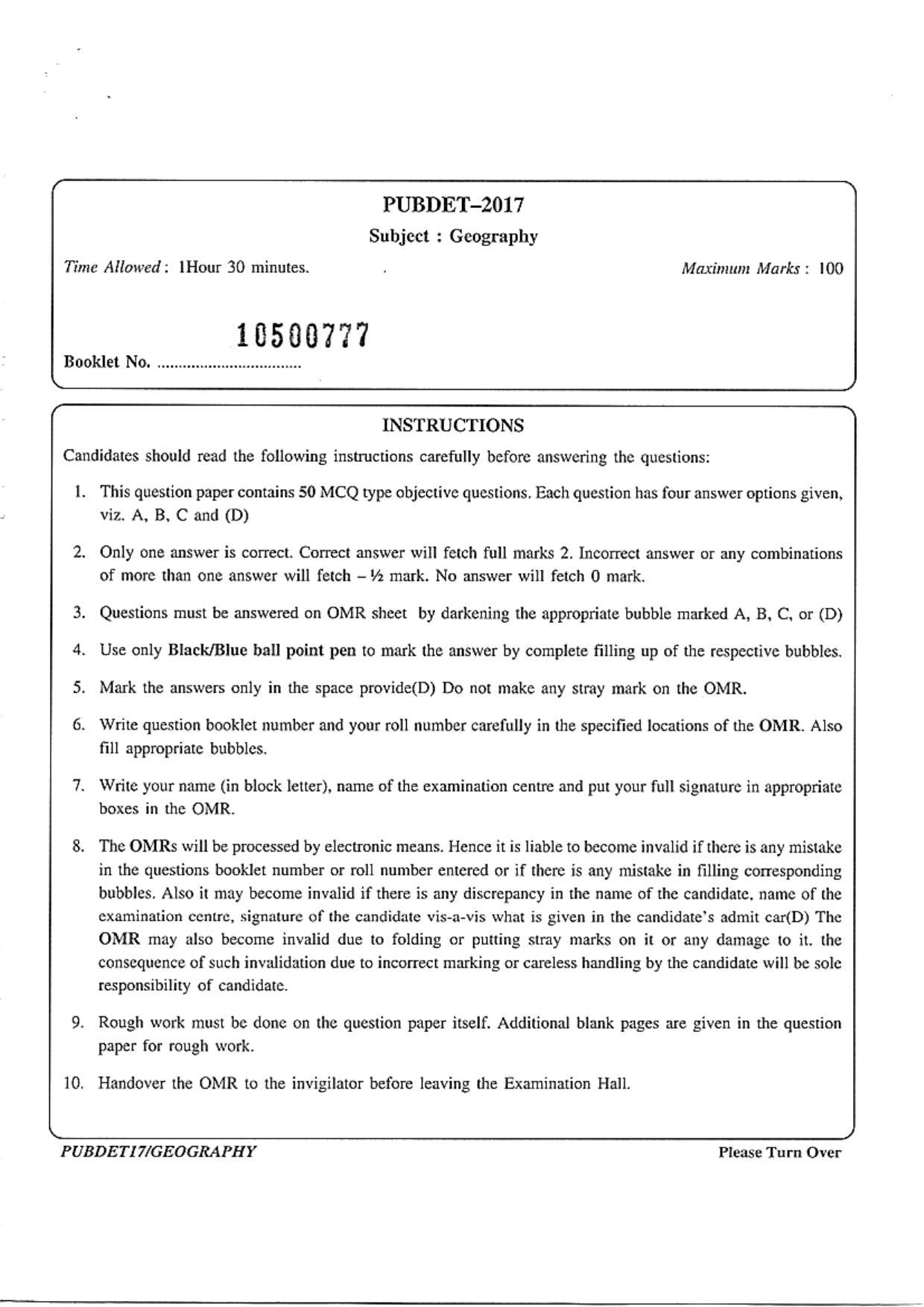 PUBDET 2017 Geography Question Paper - Page 1