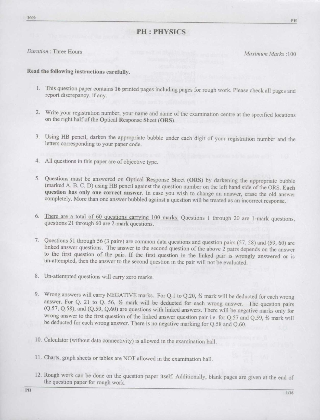 GATE 2009 Physics (PH) Question Paper with Answer Key - Page 1