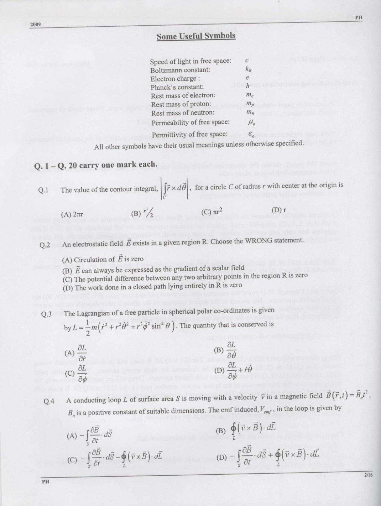 GATE 2009 Physics (PH) Question Paper with Answer Key - Page 2